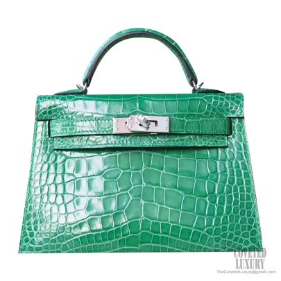 Replica Hermes Kelly Mini II Bag In Green Embossed Crocodile Leather