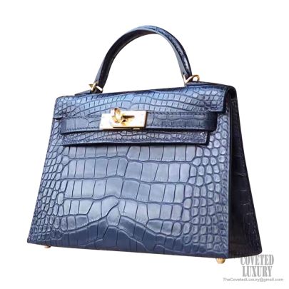 Replica Hermes Kelly Mini II Bag In Blue Atoll Embossed Crocodile Leather