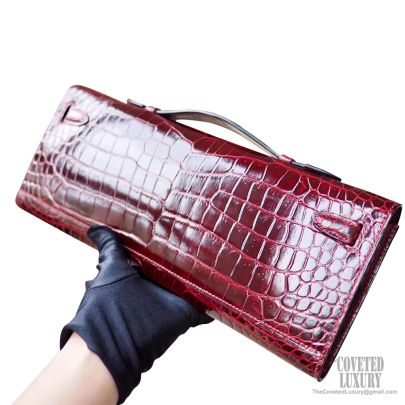 Hermès Kelly Cut 31 Shiny Alligator Bordeaux PHW - Kaialux
