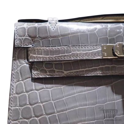 Hermes Mini Kelly 22 Pochette Bag j5 Rose Scheherazade Shiny Nile Croc GHW