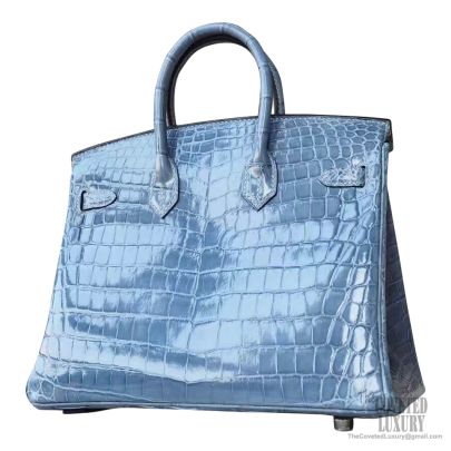 Hermes Birkin 25 Bag Bicolored Blue Tempete Shiny Nile Croc PHW