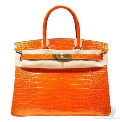 Hermes 30cm Shiny Orange H Porosus Crocodile Birkin Bag with Gold
