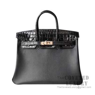 Hermes Touch Birkin 25 Handbag Shiny Noir Alligator And Noir Chevere GHW
