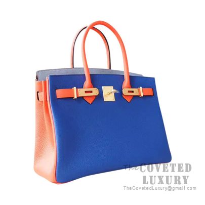 Hermes Birkin 30 Bag 7T Blue Electric And Bleu Lin And Orange Poppy Togo GHW