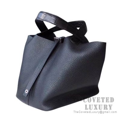 Hermes Picotin Lock 18 Bag 89 Noir Clemence Matte Alligator Handle SHW